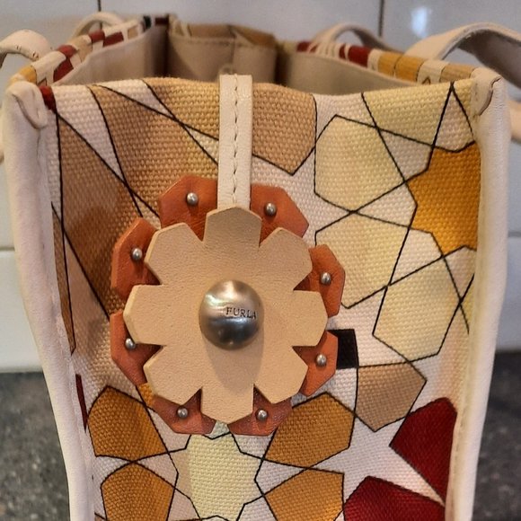 Like NEW Furla Flower Power Canvas Tote with Cream Leather Trim - Picture 2 of 8